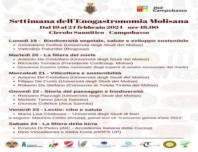 Da domani lunedì 19 febbraio a Campobasso la “Settimana dell’Enogastronomia molisana”
