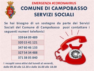 Il Comune di Campobasso attiva ben 5 linee telefoniche per raccogliere le richieste dei cittadini che hanno difficoltà