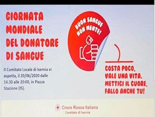 Giornata mondiale della donazione di sangue. Campagna di sensibilizzazione domani 20 giugno All'iniziativa ha preso parte anche la Croce Rossa Italiana Comitato di Isernia