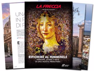 Fs Italiane, La Freccia dedica il numero di marzo all’universo femminile Un caleidoscopico puzzle composto da innumerevoli volti di donna dal quale emerge in primo piano quello della Primavera di Botticelli. 