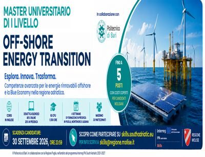 Master internazionale in “Off-Shore Energy Transition”: 5 posti riservati ai candidati molisani
