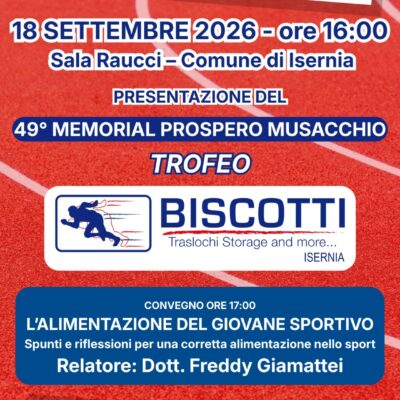 Atletica: a Isernia presentato il 49° Memorial Prospero Musacchio (video) Alla Sala Raucci del Comune il via alla manifestazione. In serata il convegno sull'alimentazione dei giovani atleti